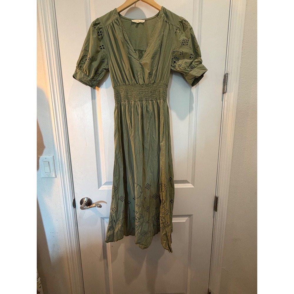 Kings Road Olive Green Eyelet Cotton Dress Smocked Waist Cottagecore Boho Small
